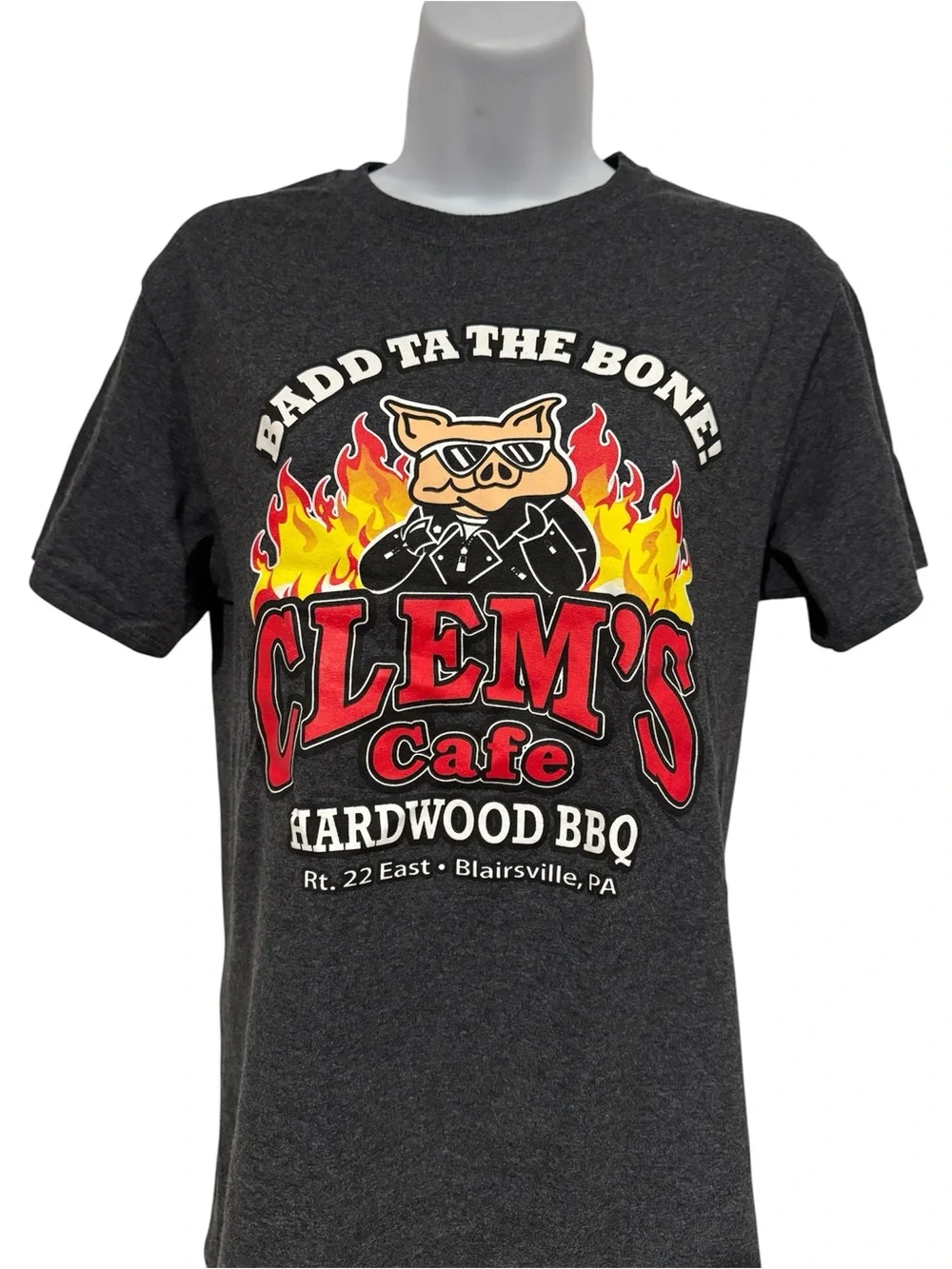 Jerzees Charcoal 'Clem's Cafe Hardwood BBQ' Graphic Tee with Red & Yellow Print